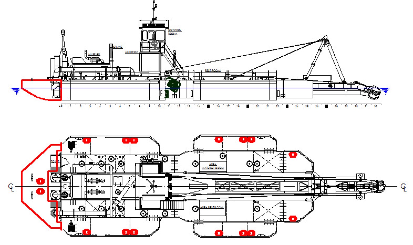 General arrangement drawing of a 16-inch cutter suction dredger, side elevation and deck plan